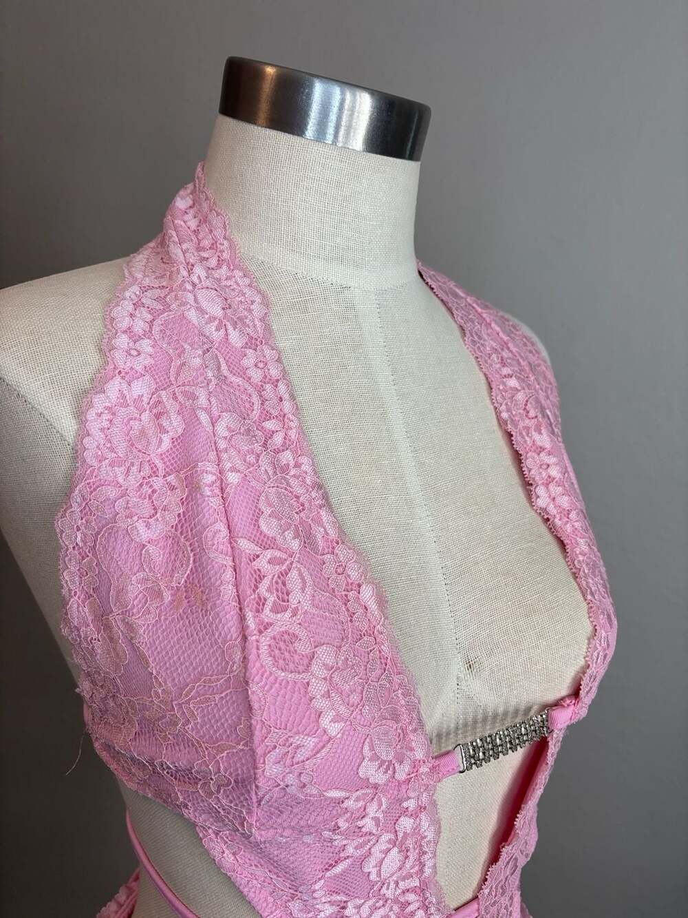 Pink Lace Halter Cut-Out Mini Dress with Rhinestone Detail - Picture 6 of 11